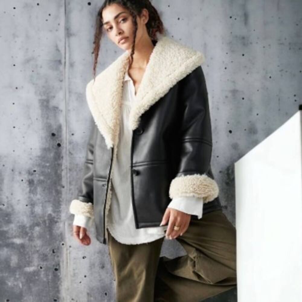 We The Free Black Faux Leather Shearling Jacket with Cream Trim